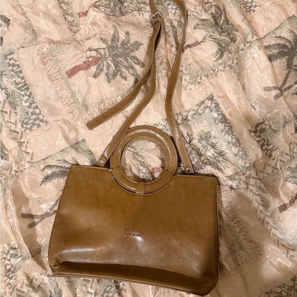 Brown Leather Circle-Handle Shoulder Bag